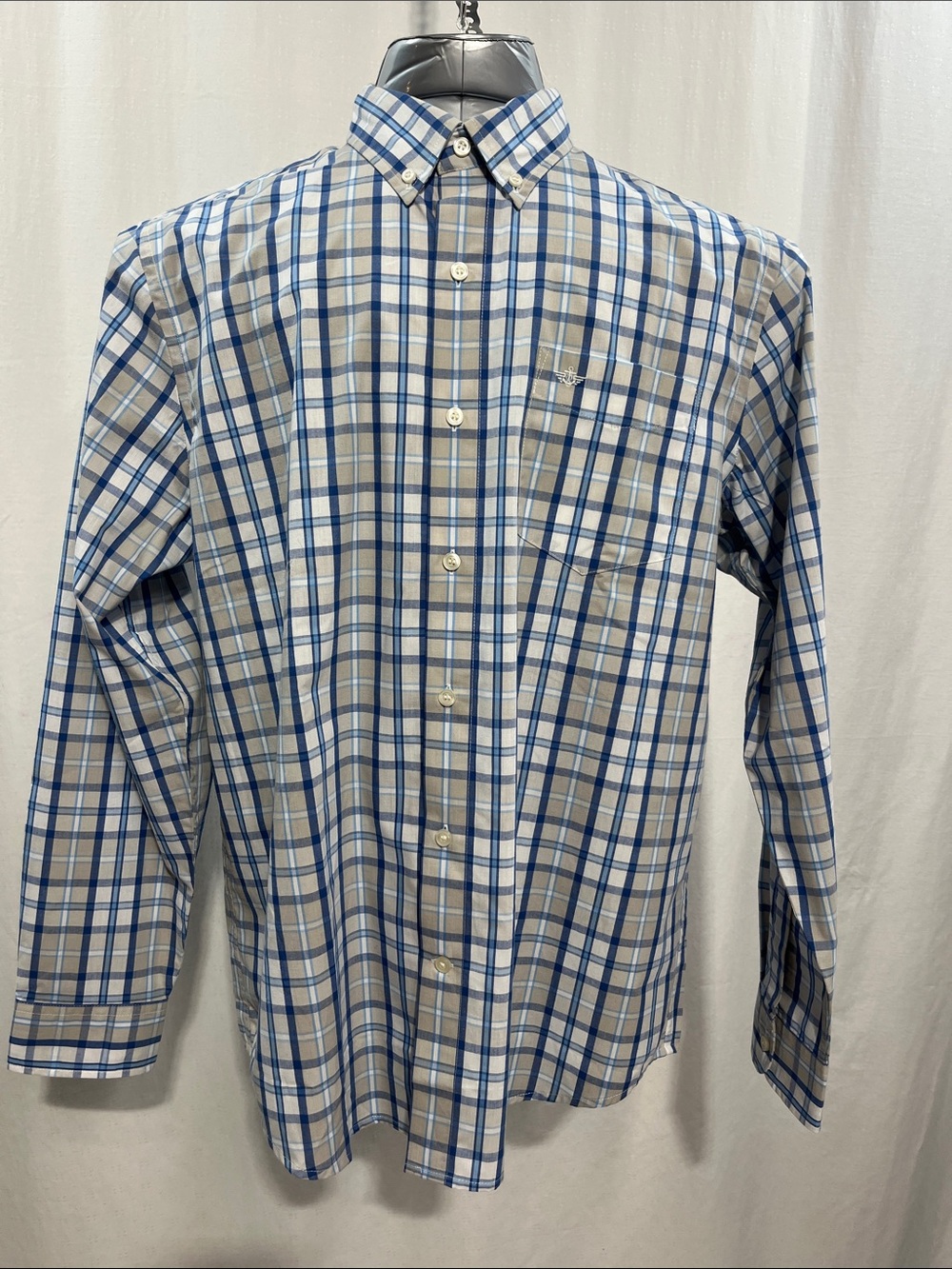 Dockers Blue and Tan Plaid Button-Down Shirt cotton blend casual work party 1325